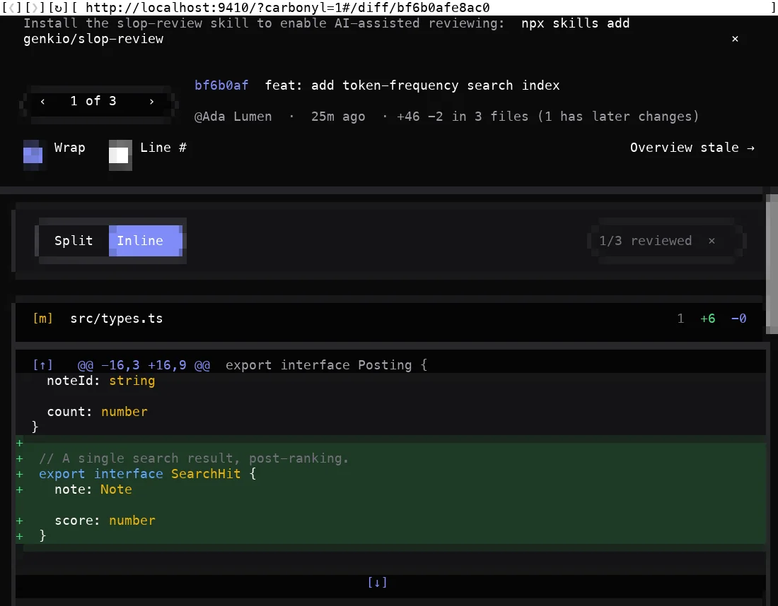 slop-review diff rendered inside the terminal via Carbonyl