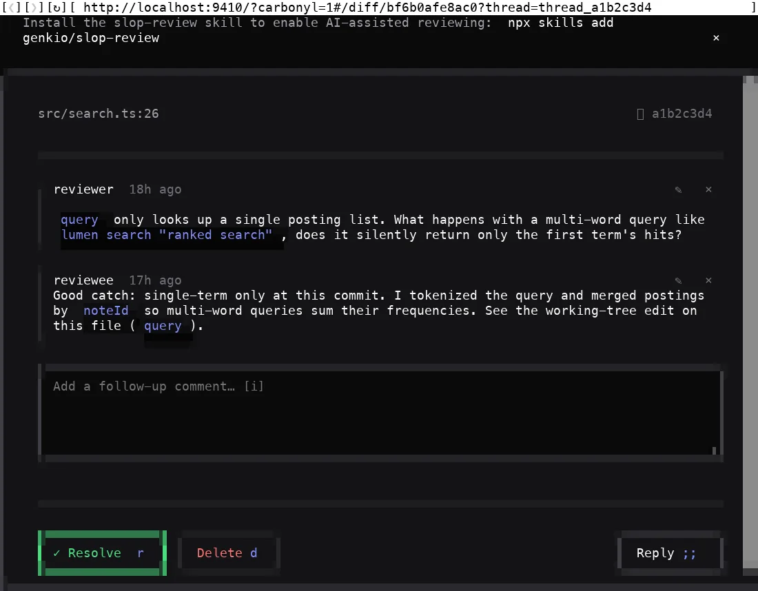 A review thread open inside the terminal via Carbonyl