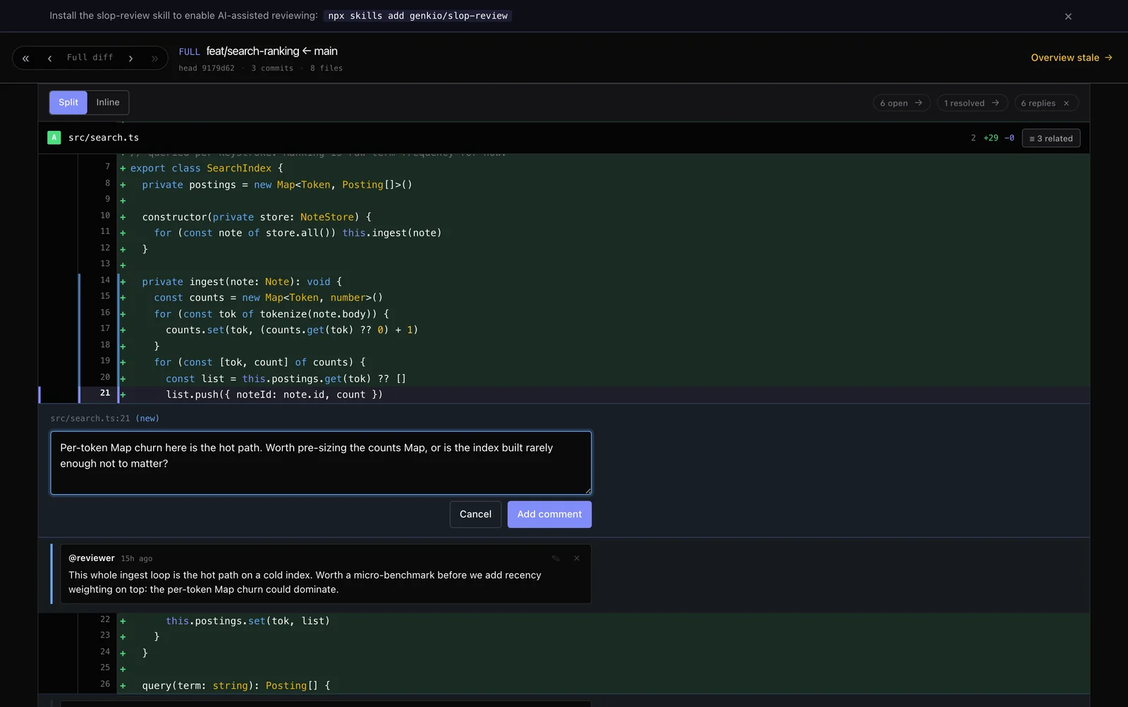 The inline comment editor open on a diff line