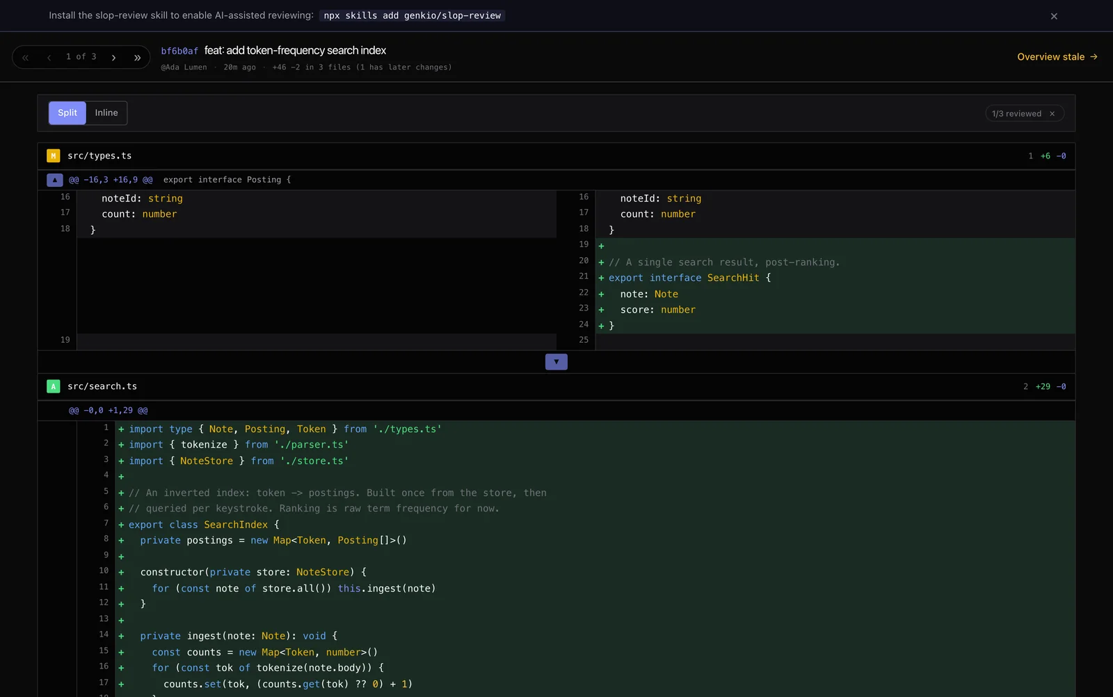 slop-review per-commit diff in the browser