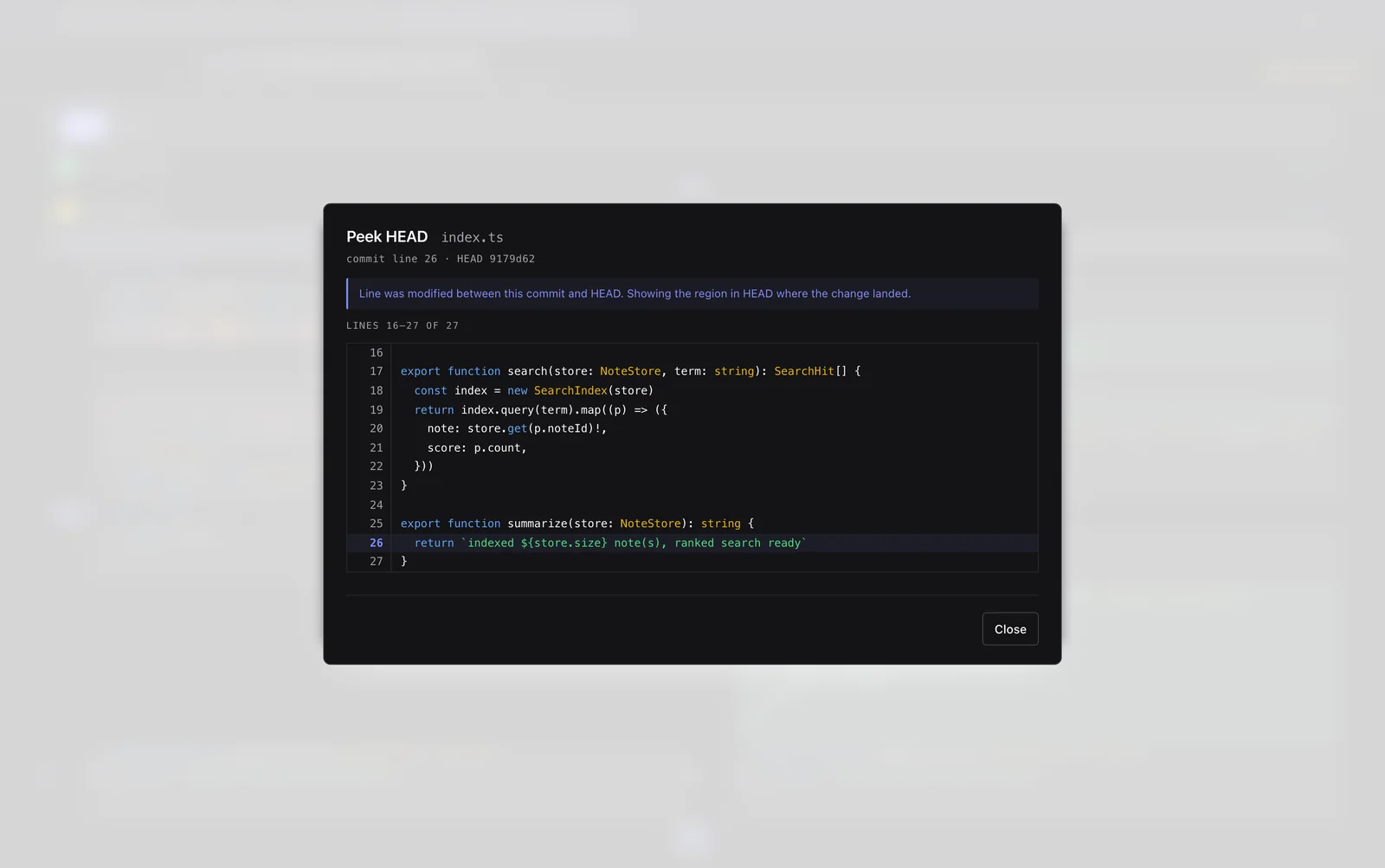 The Peek HEAD modal showing the file's current state from a commit view