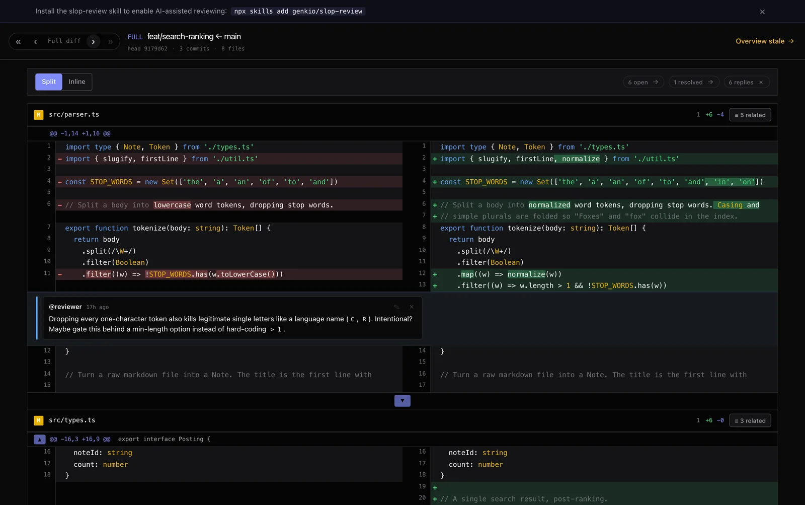slop-review full-diff view: importance-ordered files, side-by-side diff with inline comment threads