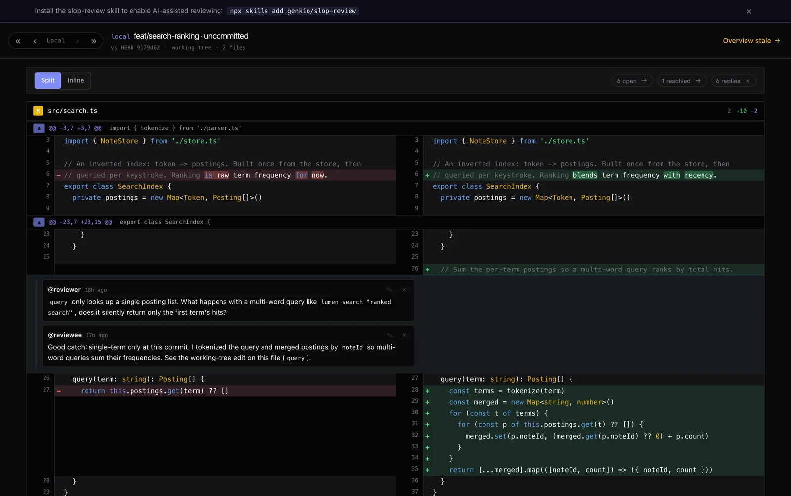The local working-copy diff view