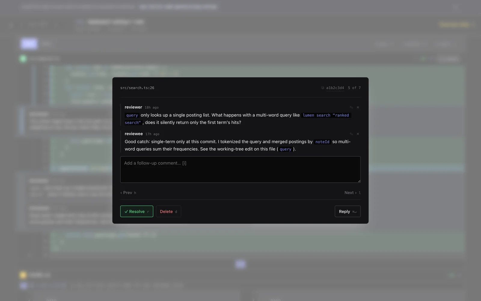 A review thread: a reviewer question and the agent's reply